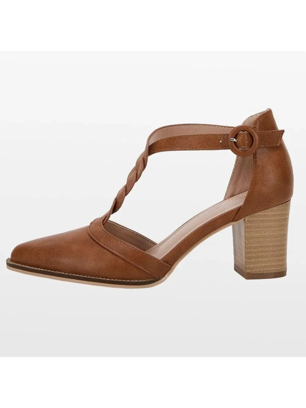 Women's Brown Chunky Heels T Strap Pointed Toe Stacked Heeled Sandals Pumps